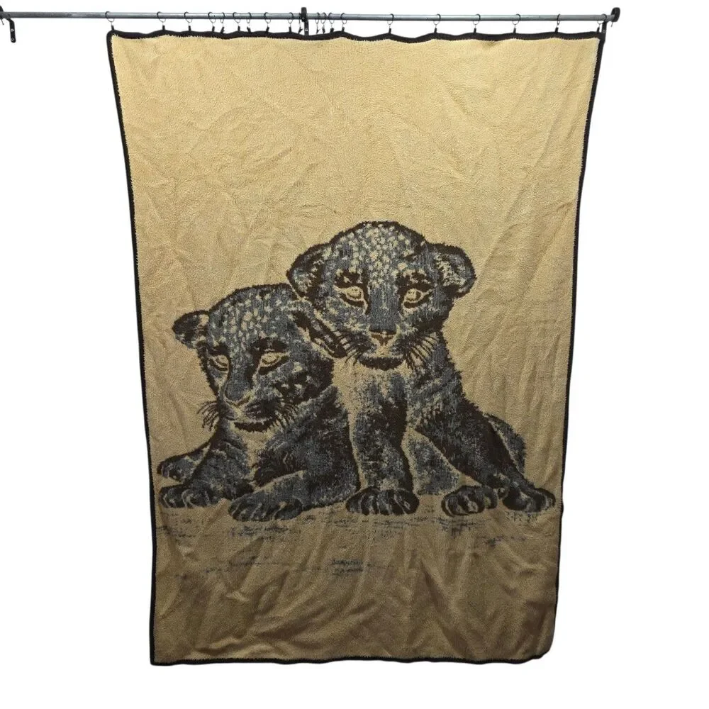 Vintage Lion Cub Plush Throw Blanket 54x77 Safari Wildlife Reversible Soft Cozy